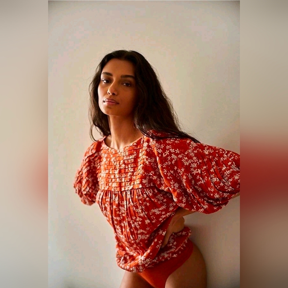 Free People Dessa Bodysuit Intimately Floral Printed Pintuck Rust